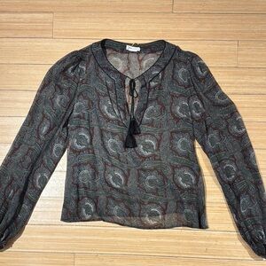 2018 Saint Laurent Paisley Black and Green Tie Front Blouse - Semi Sheer
